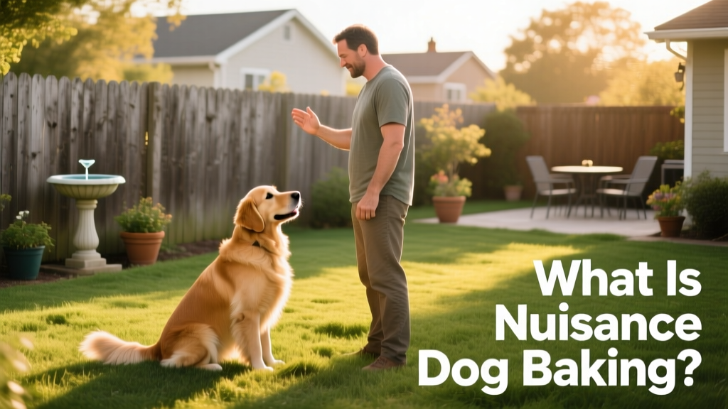 A person calmly practicing basic obedience commands with their dog in a backyard