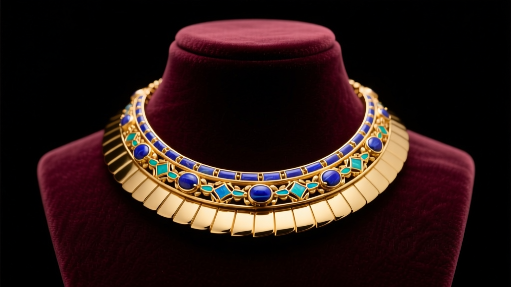 Modern 18k gold Cleopatra collar necklace with lapis lazuli and enamel inlays on a dark velvet bust under soft gallery lighting.