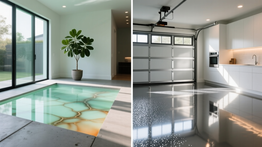 Split-screen of a translucent acid-stained concrete patio and a high-gloss metallic epoxy garage floor in a modern home