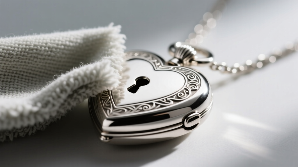 Macro shot of a microfiber polishing cloth gently cleaning the tiny hinge and keyhole of a sterling silver heart locket necklace.