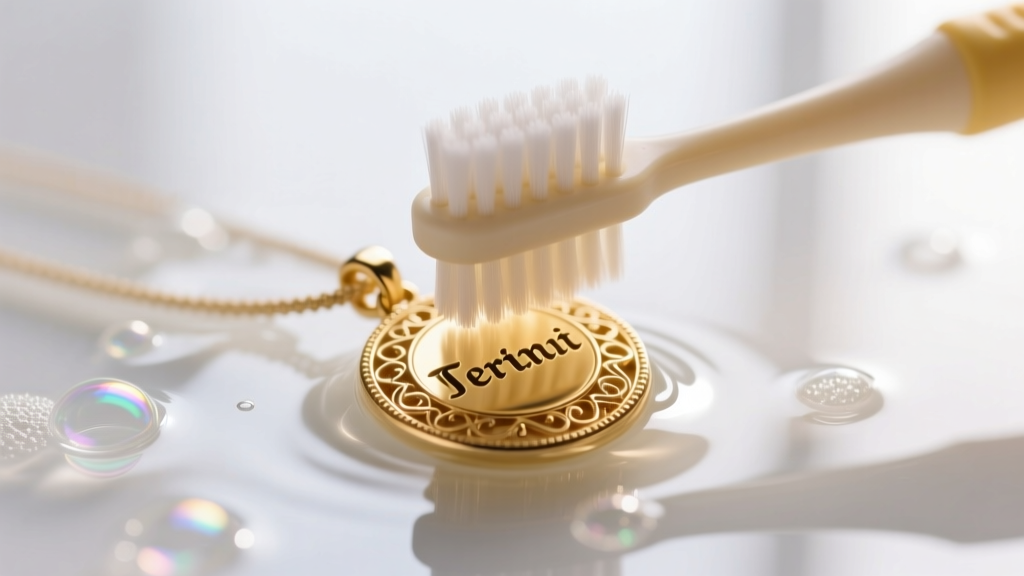 A soft-bristled baby toothbrush gently scrubbing the engraved lettering on a gold vermeil pendant submerged in mild soapy water