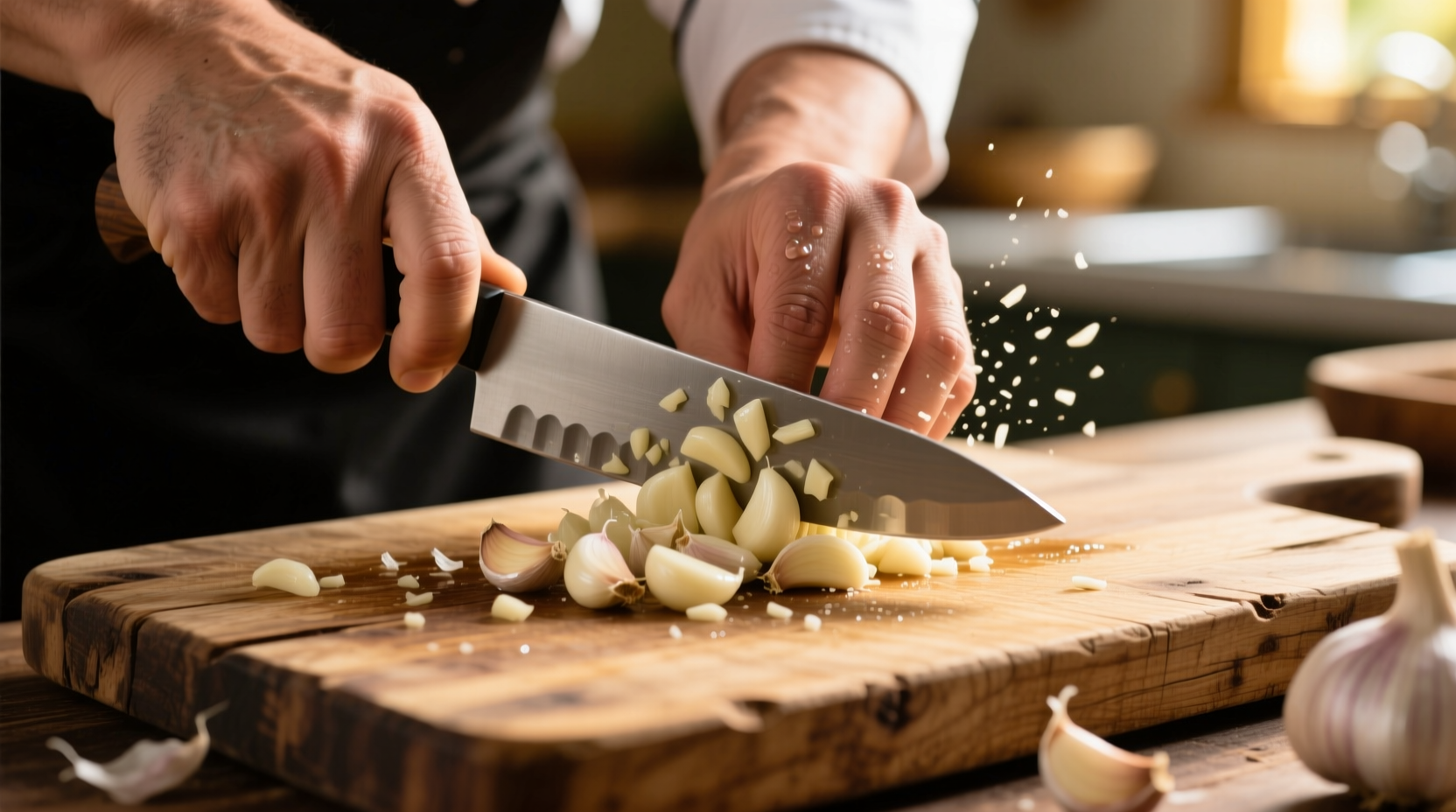 Chef's hand mincing fresh garlic on wooden cutting board