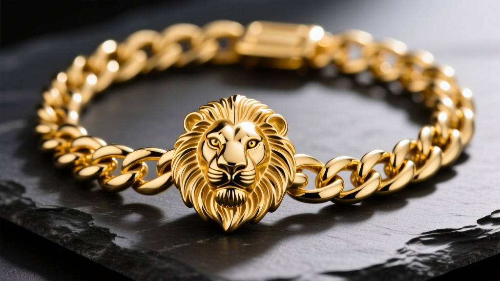Macro shot of a solid 14k yellow gold Cuban link chain with a heavy, intricately carved lion head charm resting on dark slate