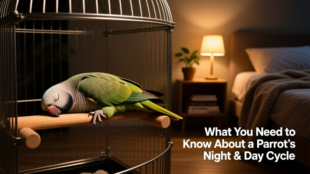 A calm, sleeping parrot nestled comfortably in a quiet, dimly lit cage at night