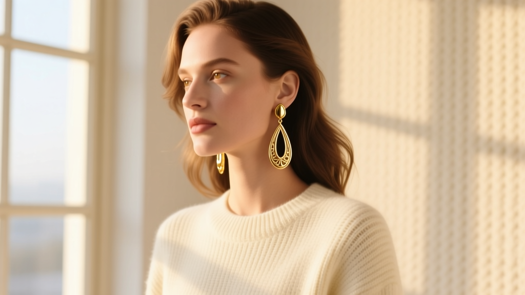 Model wearing elongated gold Kate Spade spade drop earrings, catching warm sunlight against a soft cream knit sweater background