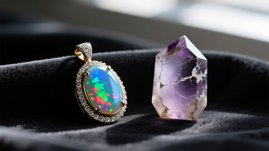 Macro shot of a bezel-set opal pendant next to a scratched amethyst, showing edge chipping on a dark velvet cloth.