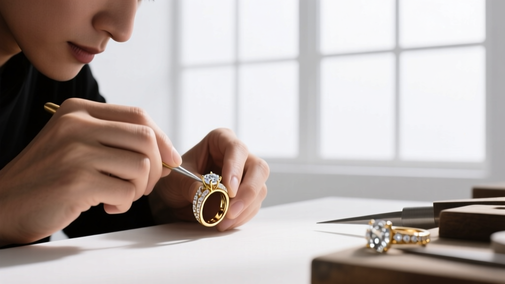 Jeweler's hands using a polishing wheel on a newly cast 14k gold pendant, highlighting detailed craftsmanship in a busy workshop.