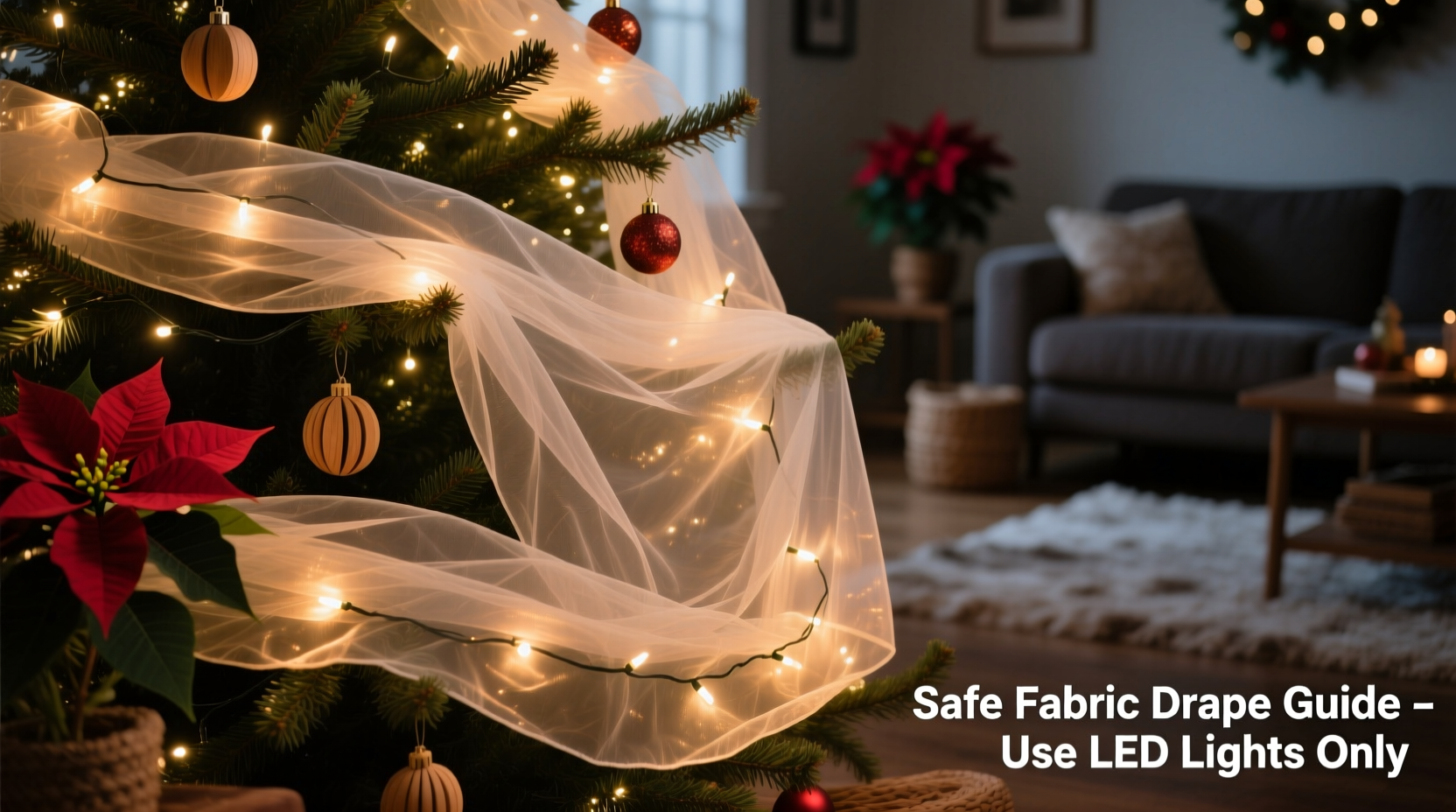 how to safely drape sheer organza fabric over a lit christmas tree without melting or ignition risk
