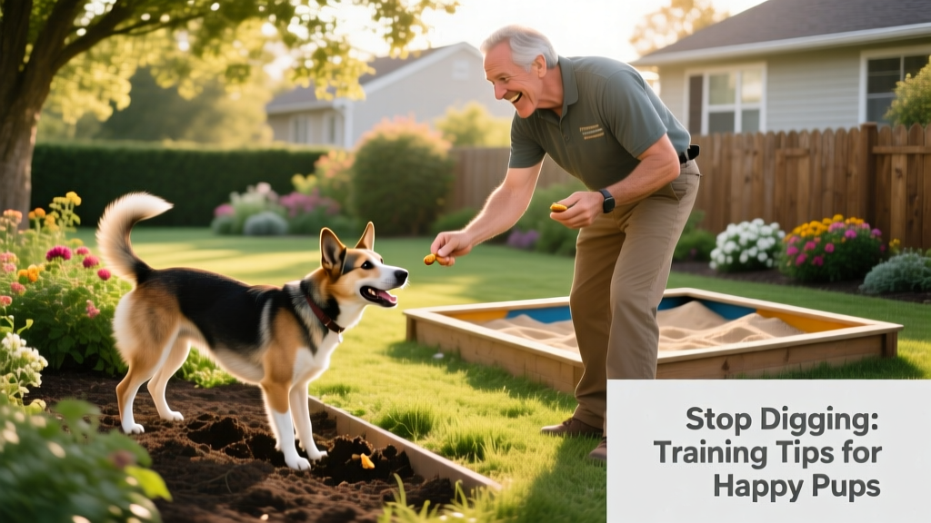 A trainer calmly redirecting a dog from digging near a garden bed toward a nearby sandbox using a treat and cheerful cue
