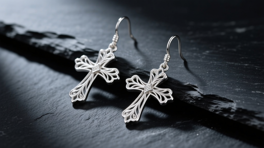 Sterling silver filigree dangling cross earrings on dark slate, lit by soft studio lighting to reveal fine metal textures.