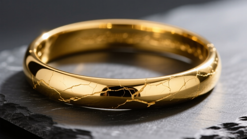 Macro photography of a 24-karat pure gold bangle showing its rich yellow hue and slight surface scratches, resting on dark slate