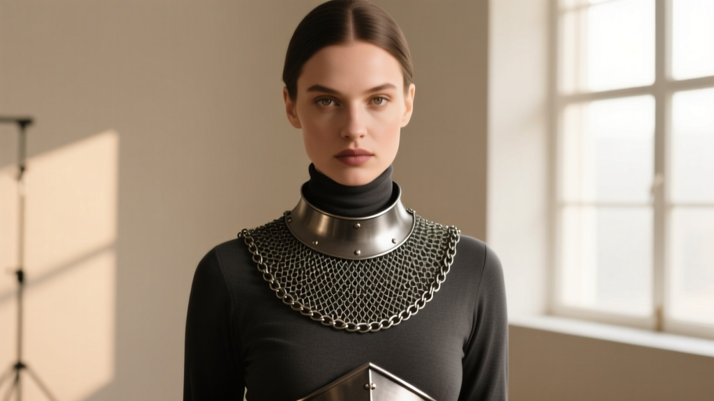 Woman wearing a steel chainmail collar over a dark turtleneck, highlighting medieval styling in soft natural light.