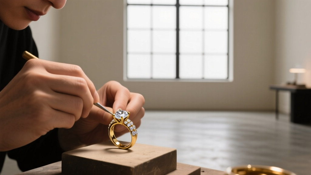 Jeweler's hands using a digital caliper to measure the thickness of a heavy 18k gold Cuban link chain on a clean white workbench.