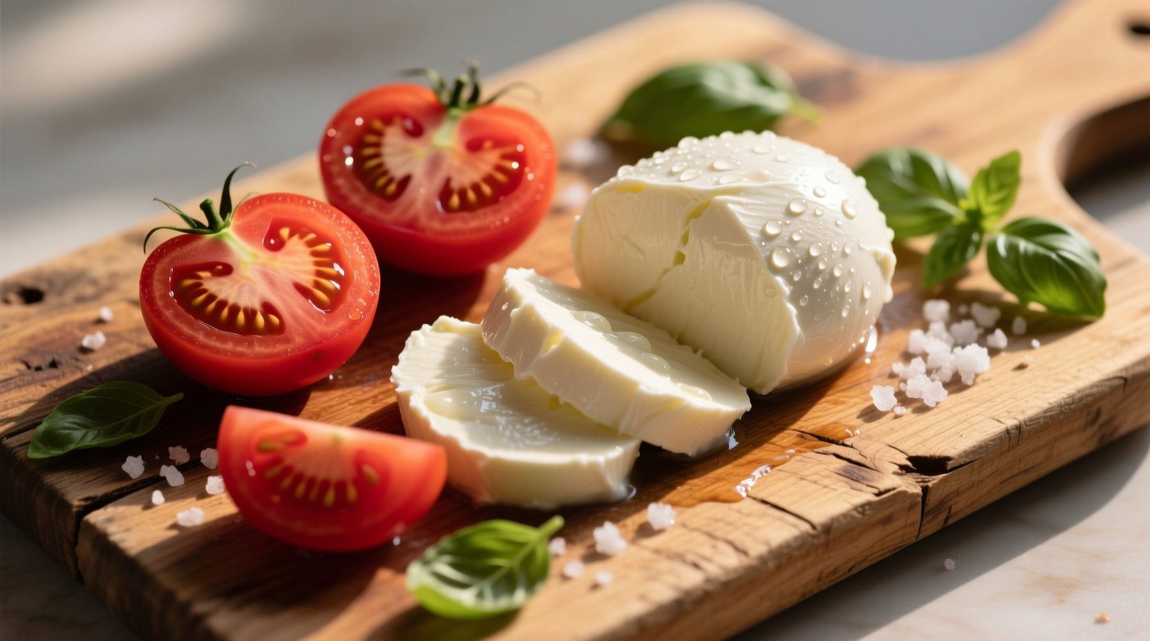Fresh mozzarella and vine-ripened tomatoes on wooden board