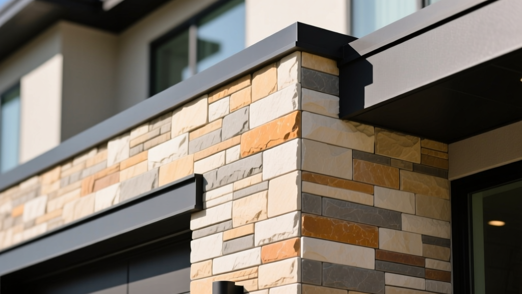 Close-up of ProVia manufactured stone veneer in a warm fieldstone profile installed on a modern exterior facade with dark trim
