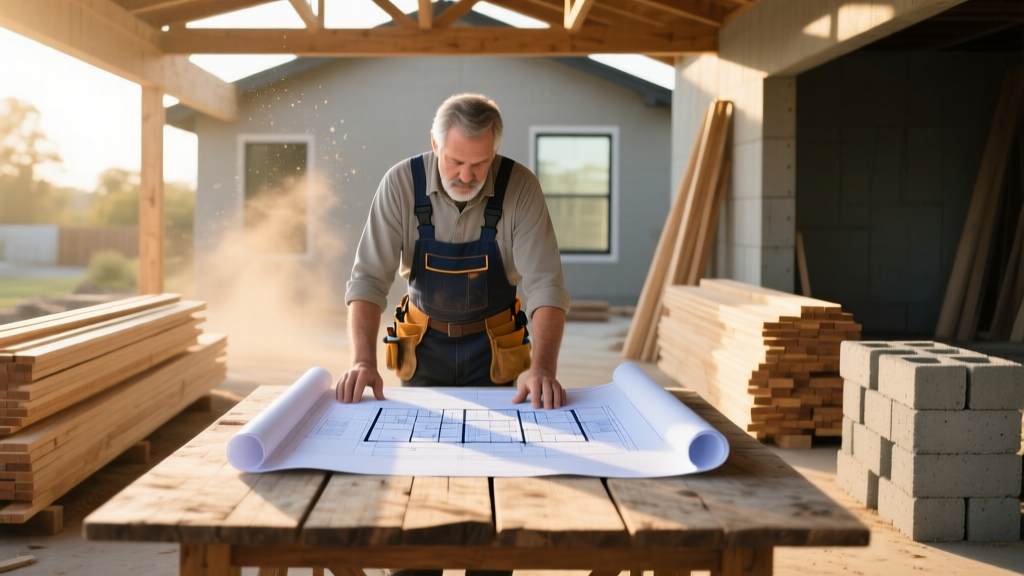 Owner-builder reviewing architectural blueprints on a wooden table next to stacked lumber and concrete blocks at a residential construction site