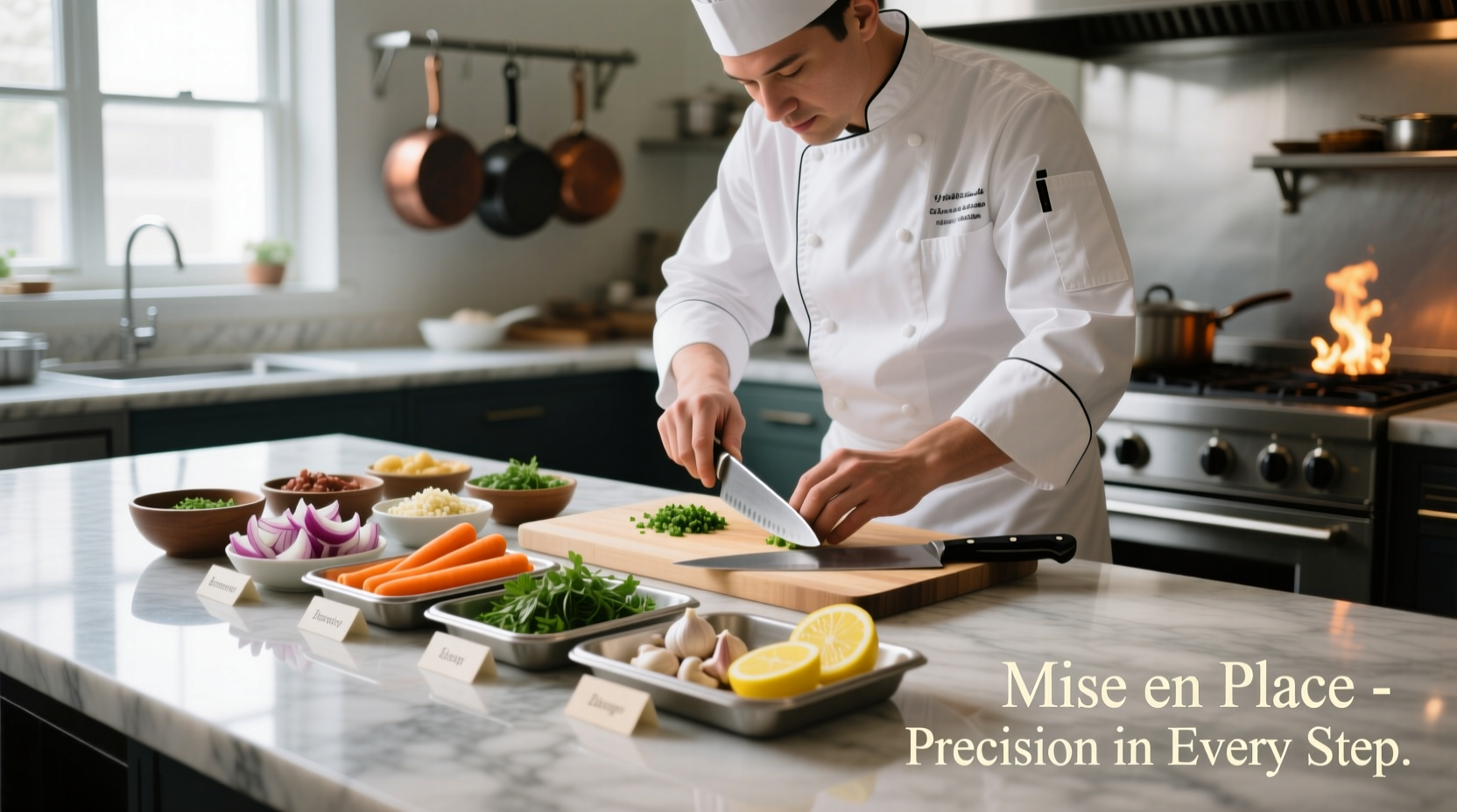 Chef preparing ingredients with mise en place organization
