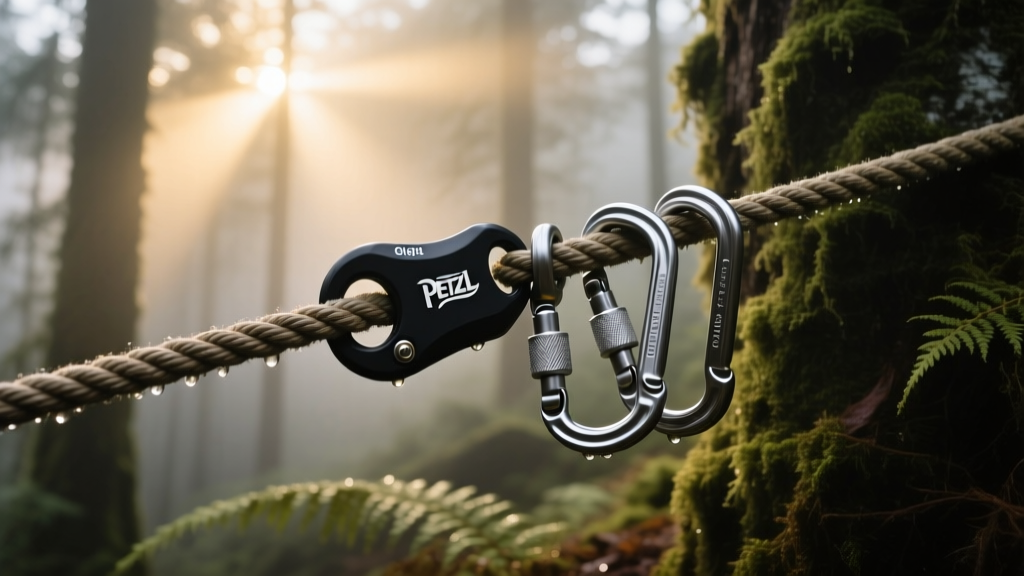 Close-up of a Petzl Grigri belay device and locking carabiners attached to a dry climbing rope in a dense, misty forest environment.