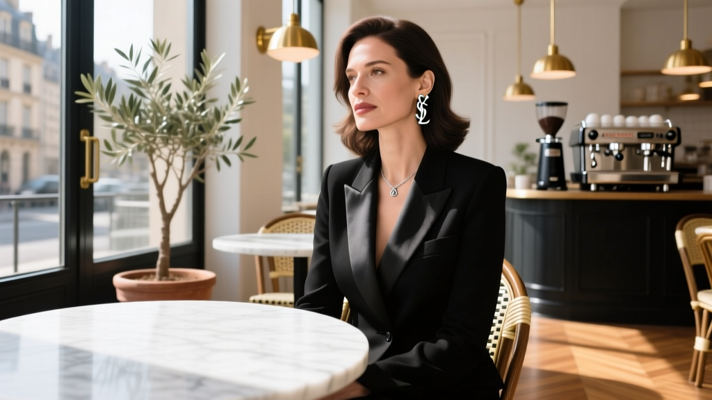 Woman in a black blazer wearing medium silver-tone YSL hoop earrings, photographed in a bright, chic Parisian cafe setting.