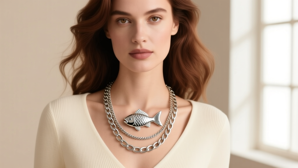 Woman wearing a silver fish necklace over a cream V-neck top, showing a 16-inch rolo chain paired with an 18-inch cable chain