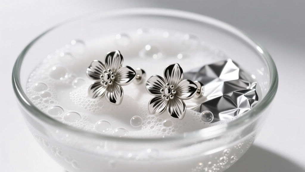 Close-up of silver floral stud earrings on aluminum foil in a glass bowl of baking soda solution under soft warm studio lighting.