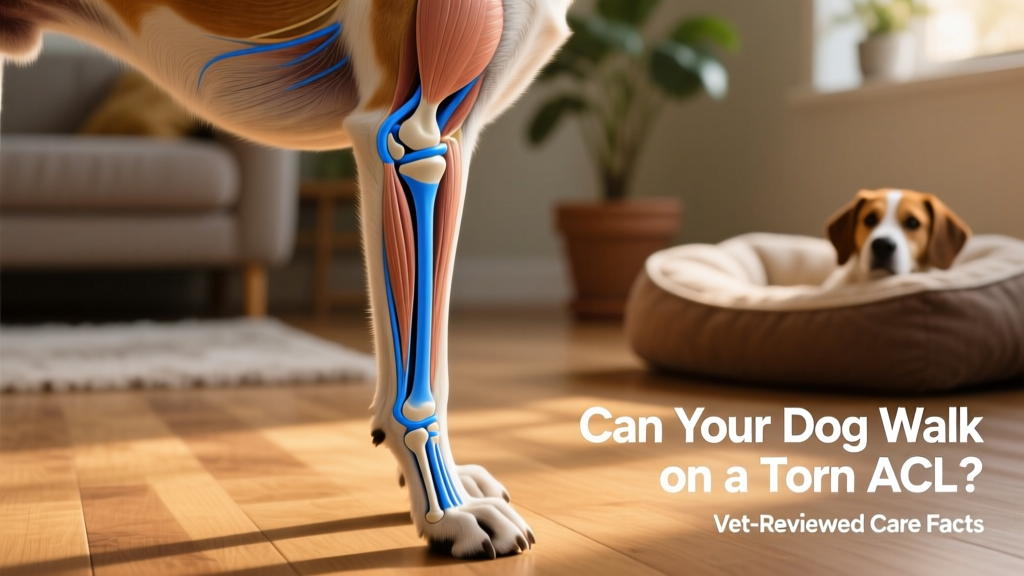 Side-view illustration of a dog's hind leg anatomy highlighting the cranial cruciate ligament between femur and tibia