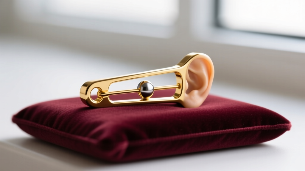 Macro shot of a gold-plated magnetic auriculotherapy ear clip with a small neodymium magnet resting on a soft velvet pad.