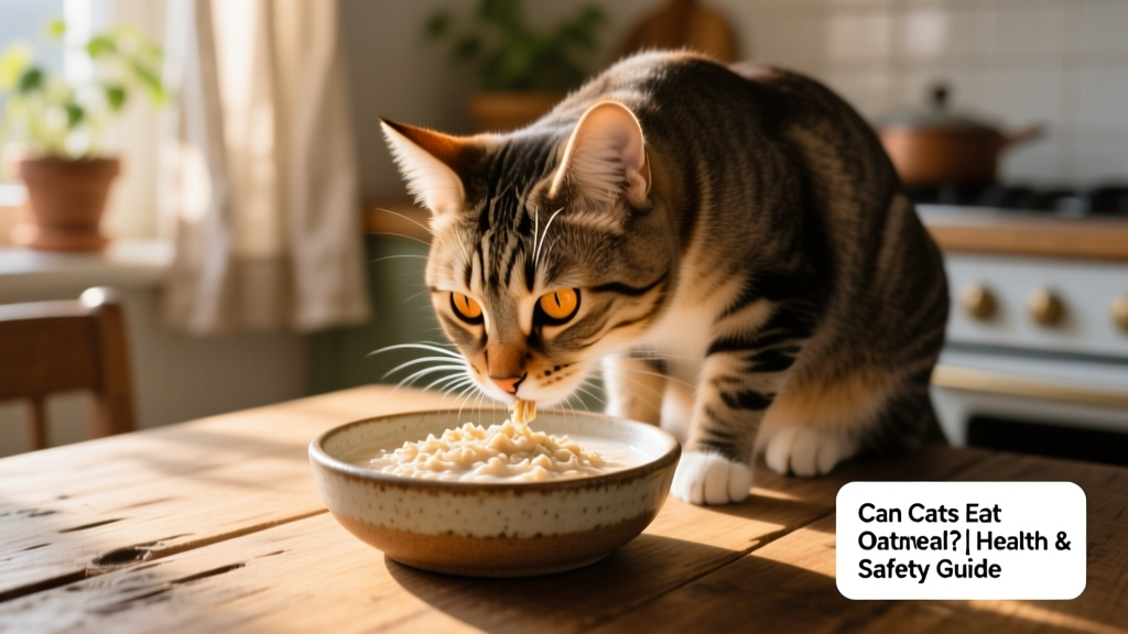 Close-up of a cat gently sniffing a shallow dish containing plain, cooled oatmeal