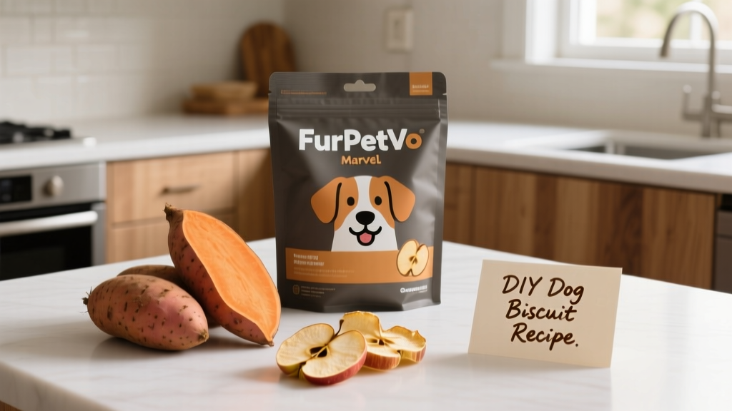 Fresh sweet potatoes and freeze-dried apples arranged on a clean kitchen counter beside FurPetVo Marvel dog food packaging