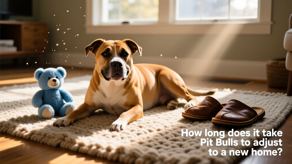 A happy, relaxed Pit Bull lying on a rug next to a child’s toy and a pair of slippers, bathed in warm afternoon light