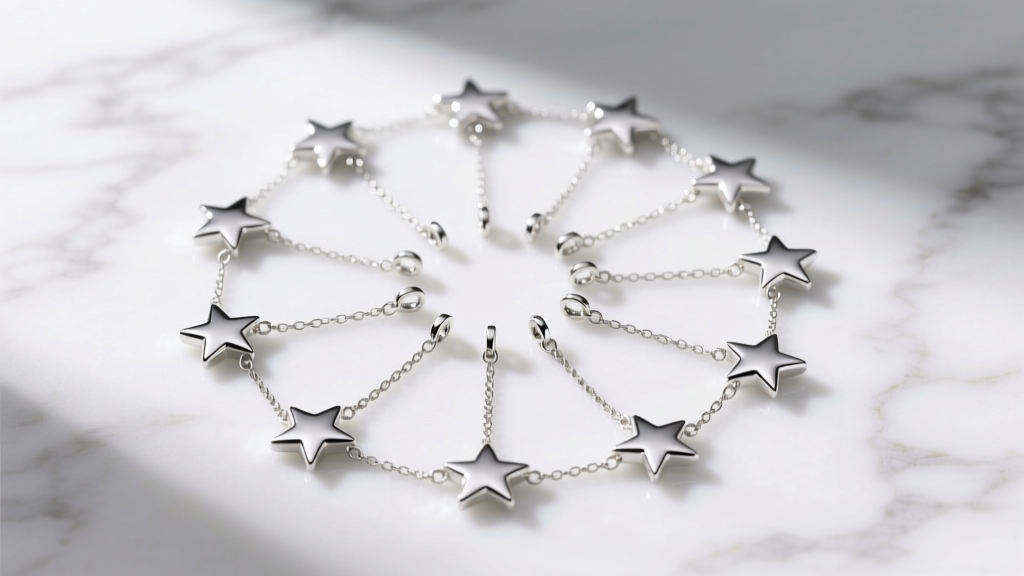 Flat lay of ten matching 925 sterling silver tiny star pendants on delicate cable chains arranged in a circle on white marble.