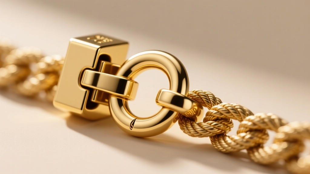 Macro shot of a heavy-duty 14k gold box clasp with a figure-8 safety latch on a thick rope chain, showing precise soldering.