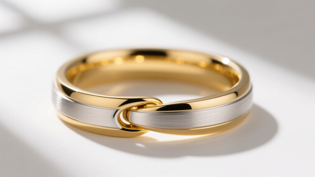 Close-up macro shot of a two-tone interlocking ring featuring polished 18k yellow gold and brushed 925 sterling silver bands.