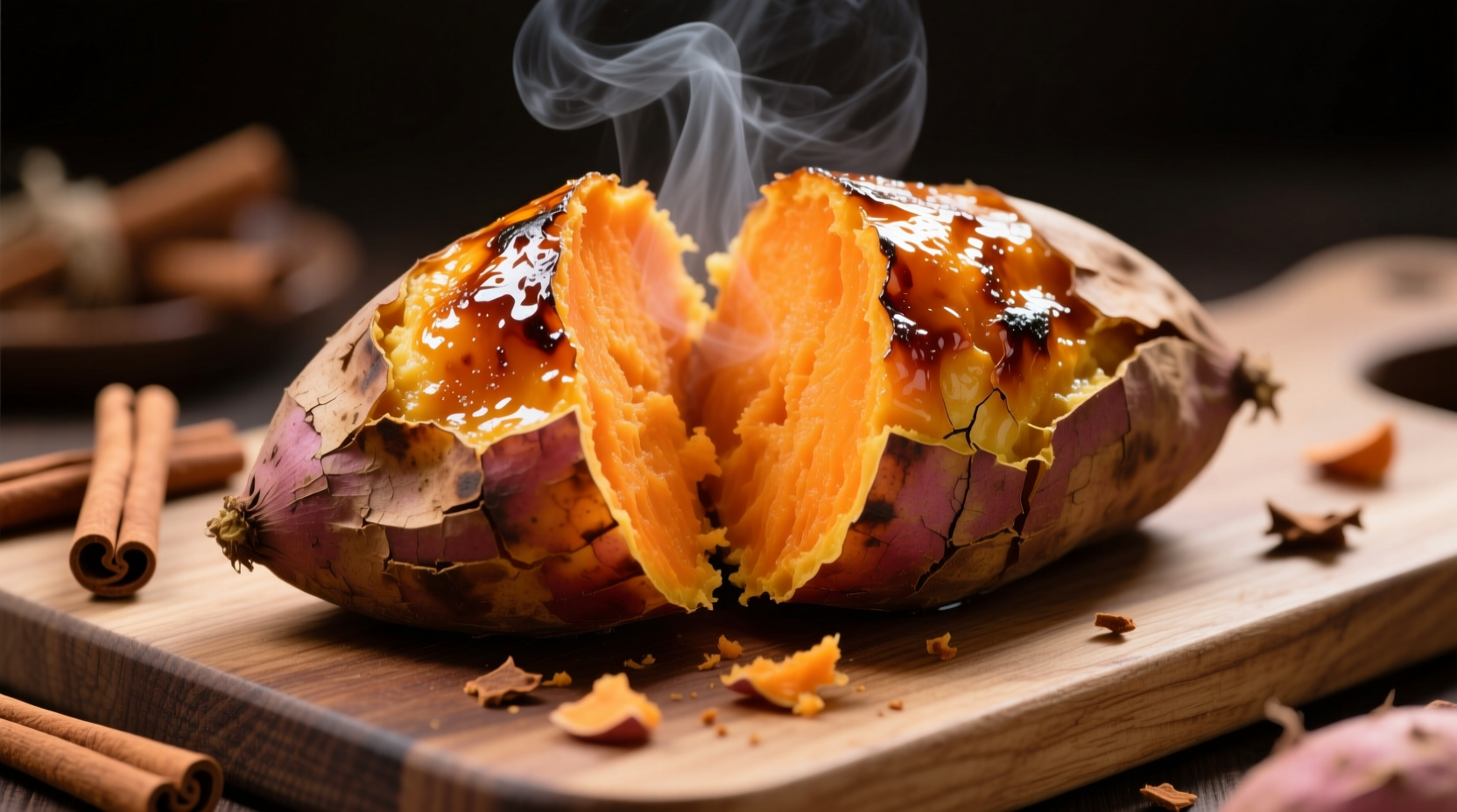 Close-up of crispy, caramelized skin on baked Japanese sweet potato