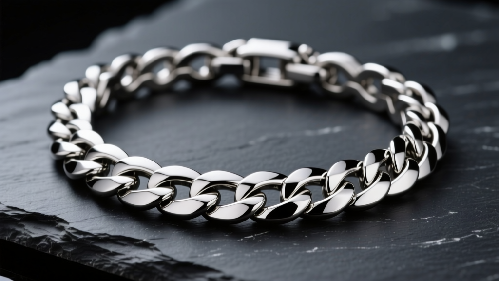 Close-up of a polished 316L stainless steel Cuban link necklace on dark slate, showing seamless welds and mirror finish.
