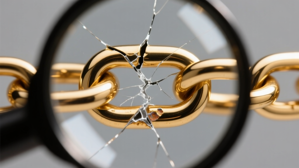 Extreme close-up of a broken 9ct gold curb chain link under a jeweler's loupe, showing stress fracture on the soldered joint