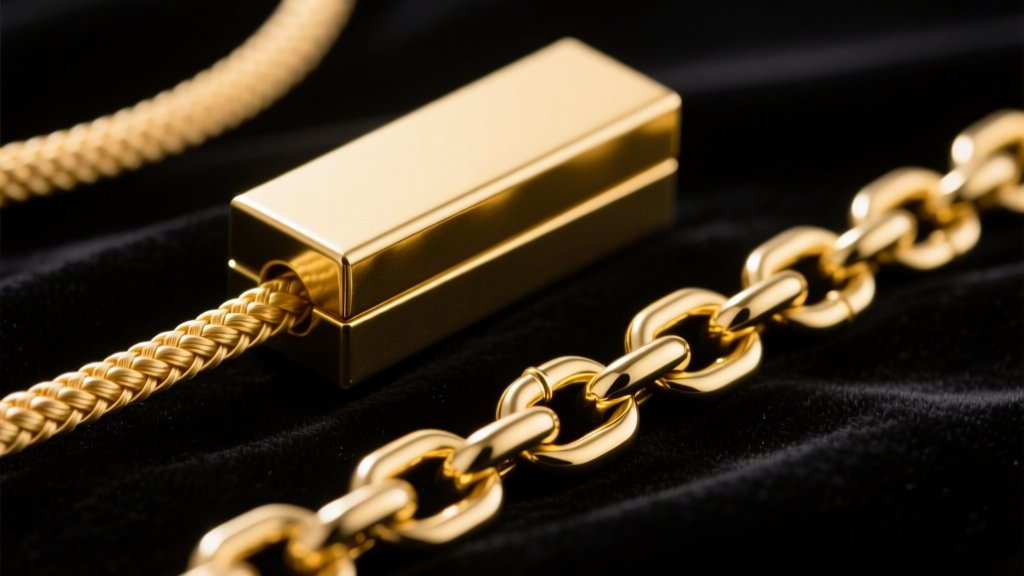 Macro view of gold cable, box, and rolo chain links on dark velvet showing structural gaps and interlocking geometry of each style.