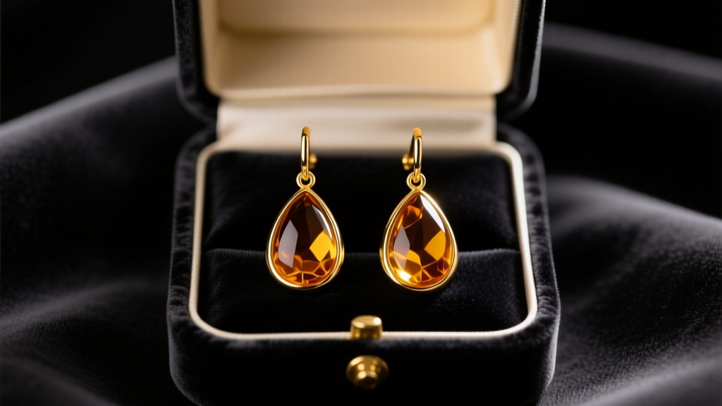 Open velvet box showing 18k yellow gold drop earrings with teardrop cognac amber stones on dark fabric under warm lighting.