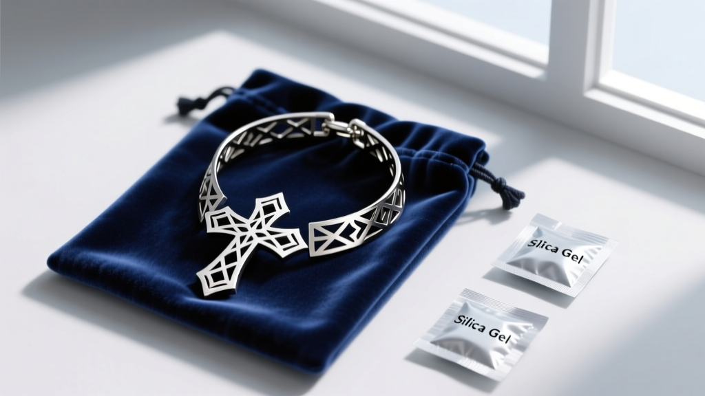 Flat lay of a laser-cut stainless steel tattoo-style cross choker stored in an anti-tarnish velvet pouch next to silica packets.