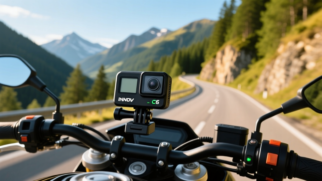 An INNOVV C6 motorcycle dash cam mounted on the handlebars, capturing a winding mountain road in crisp 4K resolution.