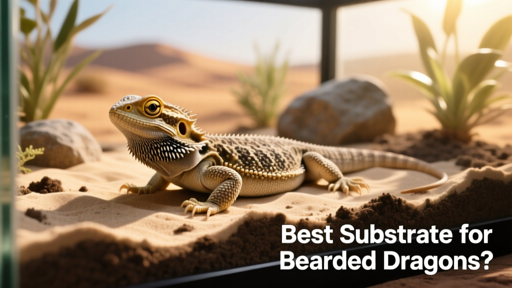 A bearded dragon comfortably resting on a natural-looking sand-and-soil substrate in a well-lit terrarium