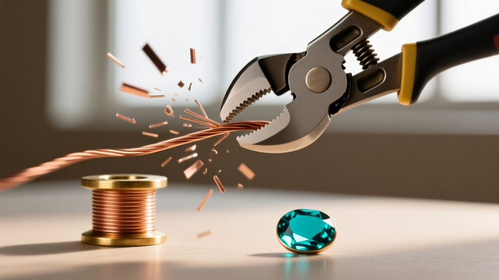 Flush cutters snipping 18-gauge copper wire, a brass mandrel and turquoise cabochon resting in a softly blurred studio background