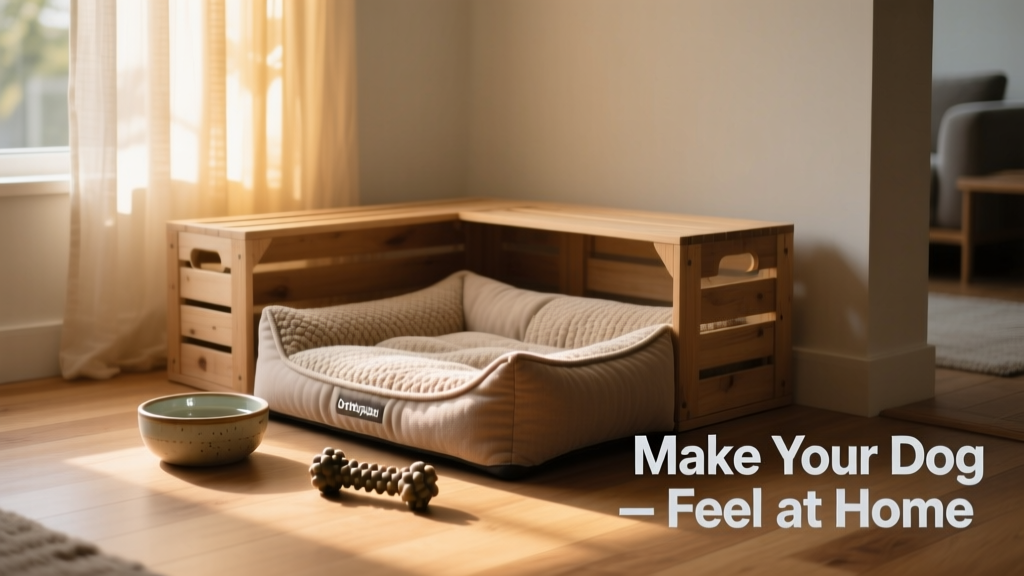 A serene, softly lit crate area with a plush bed, water bowl, and chew toy — clearly set apart as a peaceful retreat