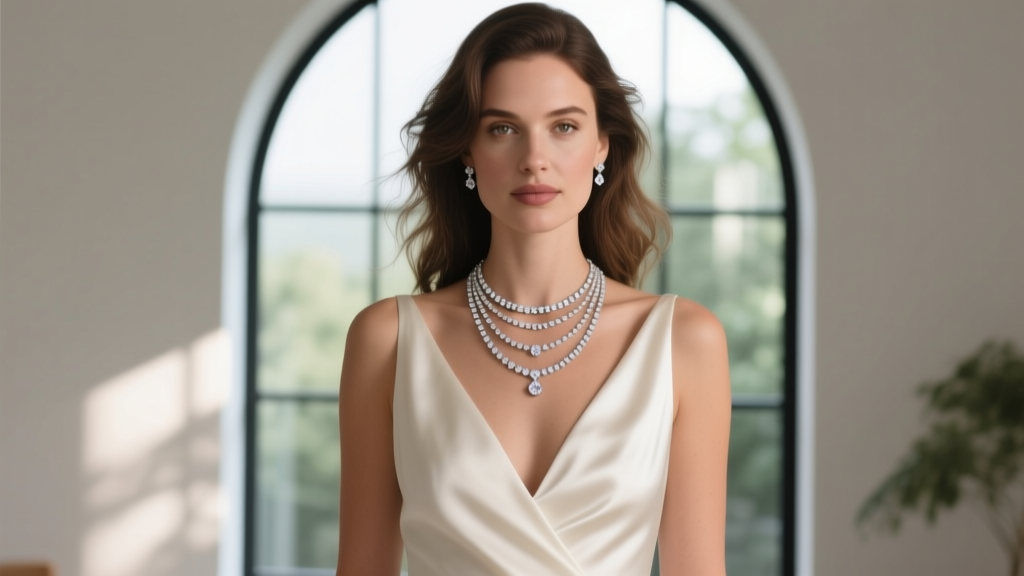 Bride wearing layered diamond solitaire and tennis necklaces with a silk V-neck gown, illuminated by soft natural window lighting