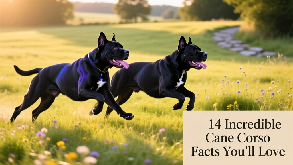 Two black Cane Corso dogs running side-by-side across a sunlit meadow