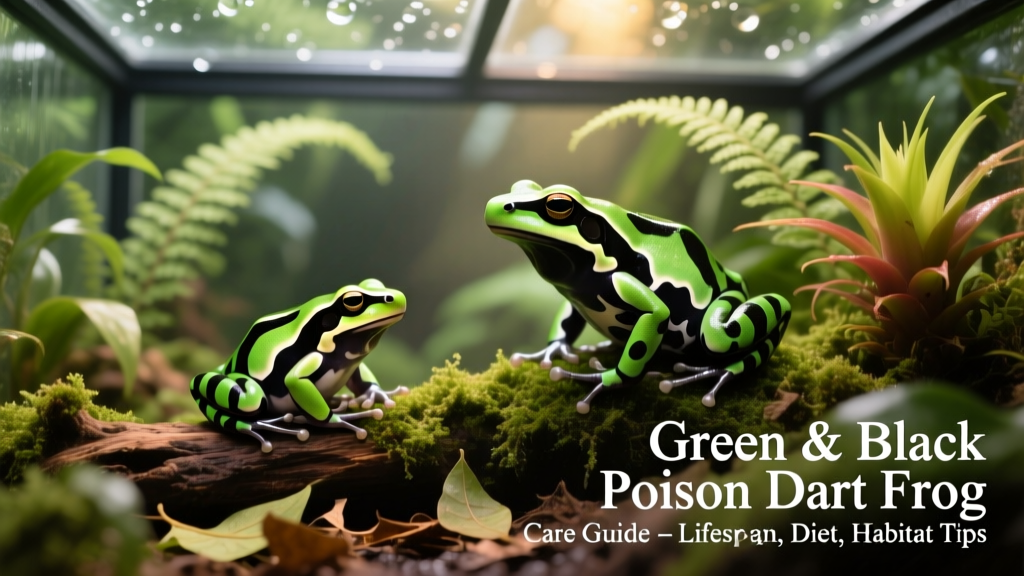 Side-by-side comparison showing juvenile vs. adult Green and Black Poison Dart Frogs in a planted terrarium