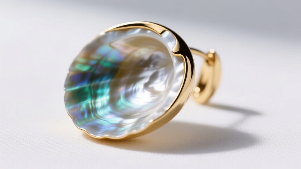 Side profile of a 14k gold bezel-set real seashell earring, highlighting the seamless metal rim protecting the fragile nacre edge