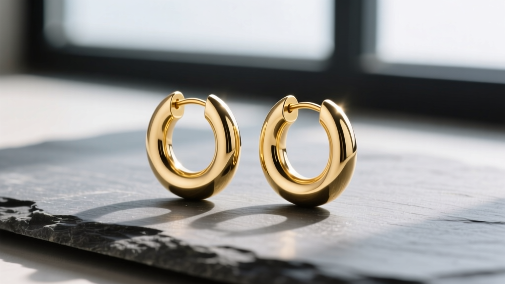14k yellow gold hoop earrings on slate, reflecting soft light to show the smooth, highly reflective and polished metal surface