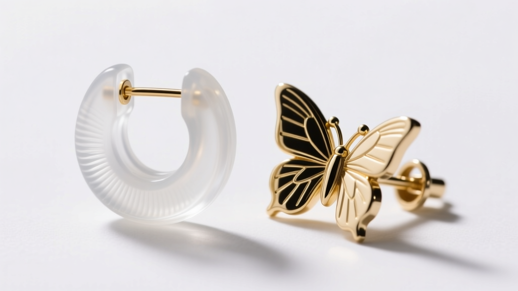 Macro shot comparing a clear silicone earring back and an 18k white gold butterfly friction clutch on a seamless white backdrop.