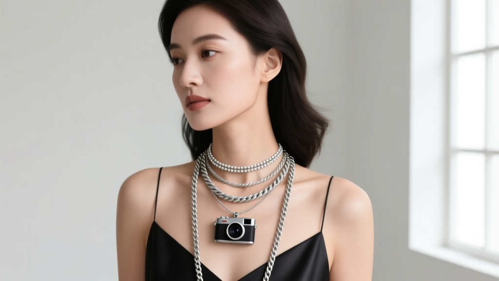 Woman wearing a layered necklace stack with a 20-inch wearable camera pendant, a 16-inch silver choker, and a 24-inch rope chain